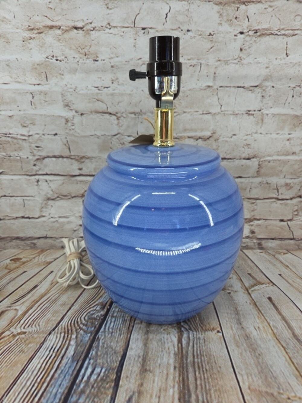 Vintage MCM Round Blue Ceramic Beehive Table Lamp Works Mid Century Modern